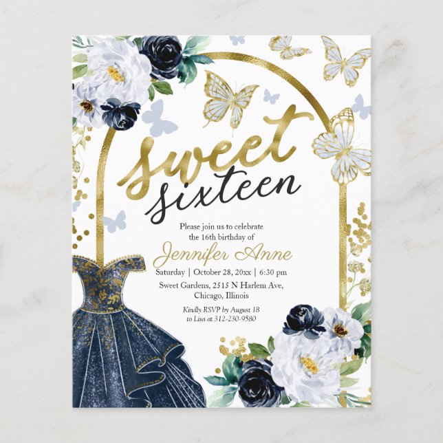 Budget Sweet 16 Invitation Floral Dress Butterfly (Front)