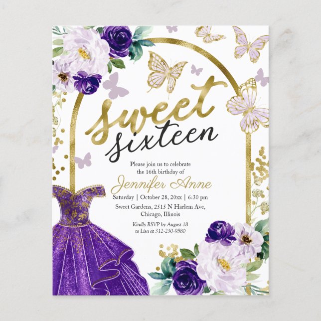 Budget Sweet 16 Invitation Floral Dress Butterfly (Front)