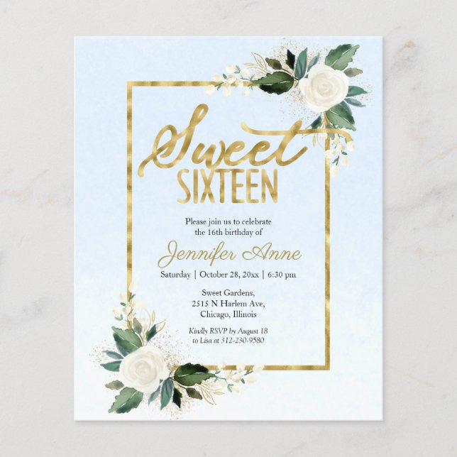 Budget Sweet 16  Invitation Floral On Dusty Blue (Front)