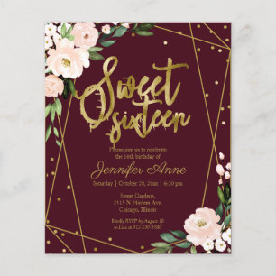 Budget Sweet 16 Invitation Gold Burgundy Floral