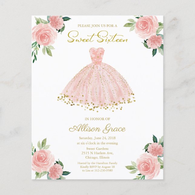 Budget Sweet 16 Invitation Gold Pink Blush Gown (Front)