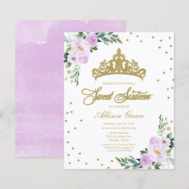 Budget Sweet 16 Invitation Tiara Lavender Floral (Front/Back)