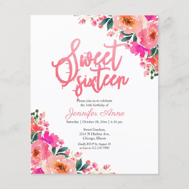 Budget Sweet 16 Invitations Hot Pink Floral (Front)