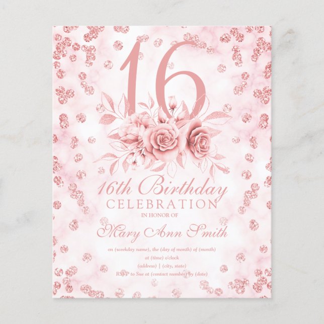 Budget Sweet 16 Marble Glitter Rose Gold Floral   Flyer (Front)