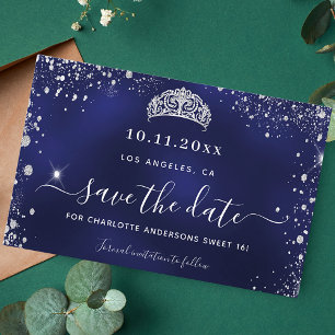 Budget Sweet 16 navy blue silver glitter save date