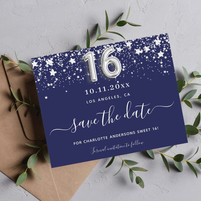 Budget Sweet 16 navy blue silver stars save date (Creator Uploaded)