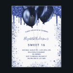 Budget Sweet 16 navy blue white invitation<br><div class="desc">A girly and feminine birthday party invitation. On front: A white background. Decorated with navy blue faux glitter drips,  paint dripping look and balloons. Personalise and add a name and party details. The name is written with a hand lettered style script.</div>