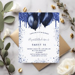 Budget Sweet 16 navy blue white invitation<br><div class="desc">A girly and feminine birthday party invitation. On front: A white background. Decorated with navy blue faux glitter drips,  paint dripping look and balloons. Personalise and add a name and party details. The name is written with a hand lettered style script.</div>