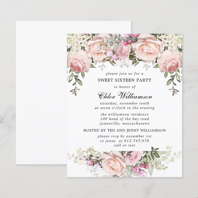 Budget Sweet 16 Party Blush Pink Floral Invitation (Front/Back)