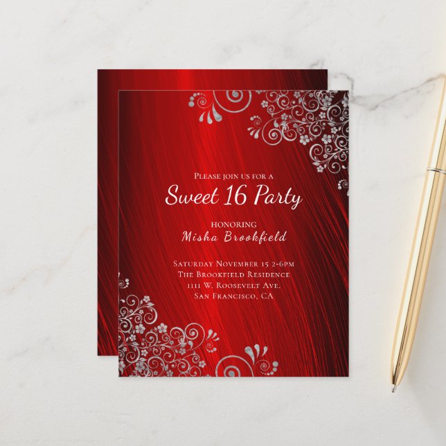 Budget Sweet 16 Party  Ruby Red Invitation (Front/Back In Situ)