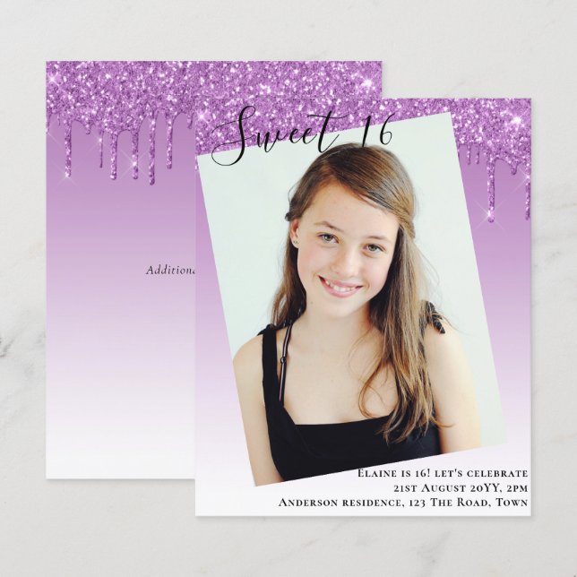 BUDGET Sweet 16 PHOTO Dripping Glitter Invite (Front/Back)