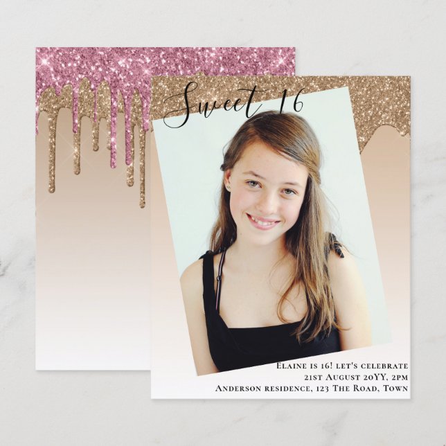 BUDGET Sweet 16 PHOTO Dripping Glitter Invite (Front/Back)
