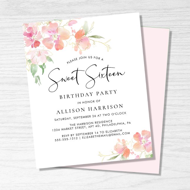 Budget Sweet 16 Pink Floral Birthday Party Invite (Creator Uploaded)