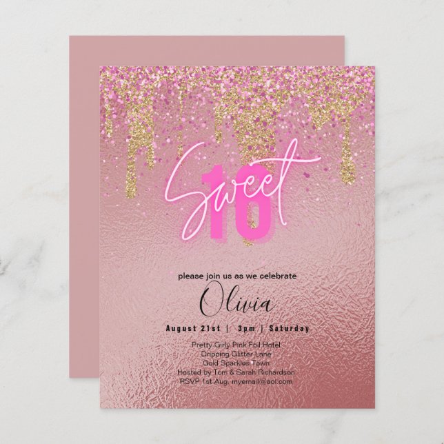 Budget Sweet 16 Pink Glitter Foil Girly Modern  Fl (Front/Back)