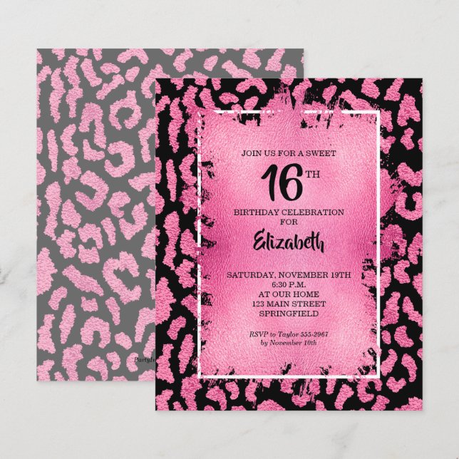 Budget Sweet 16 Pink Leopard Birthday Invites (Front/Back)