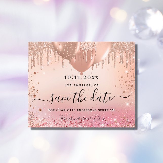 Budget Sweet 16 pink rose gold save the date (Creator Uploaded)