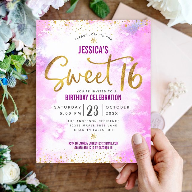 Budget Sweet 16 Pink Watercolor Gold Script Invite (Creator Uploaded)