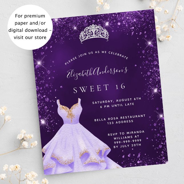 Budget Sweet 16 purple glitter dress invitation (Creator Uploaded)