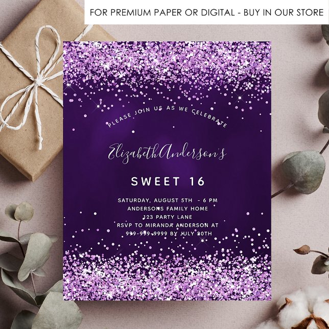 Budget Sweet 16 purple pink glitter invitation (Creator Uploaded)