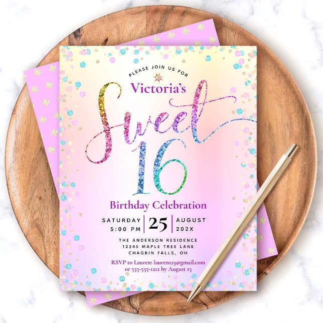 Budget Sweet 16 Rainbow Glitter Ombre Invitation  (Creator Uploaded)