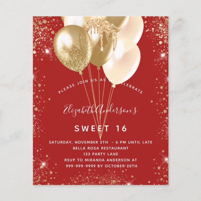 Budget Sweet 16 red gold glitter balloons (Front)