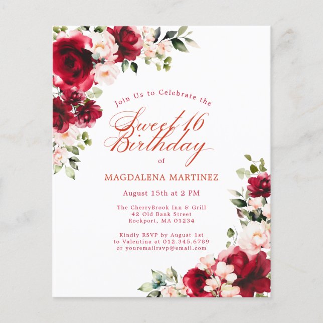 BUDGET Sweet 16 Red Pink Birthday Invitation (Front)