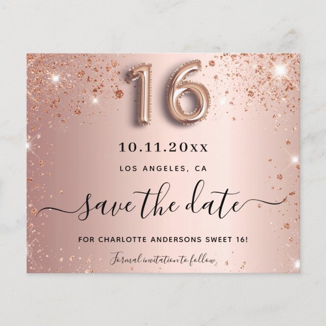 Budget sweet 16 rose gold glitter save the date (Front)