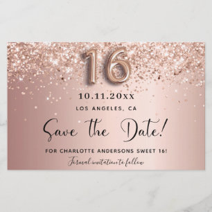 Budget Sweet 16 rose gold glitter save the date