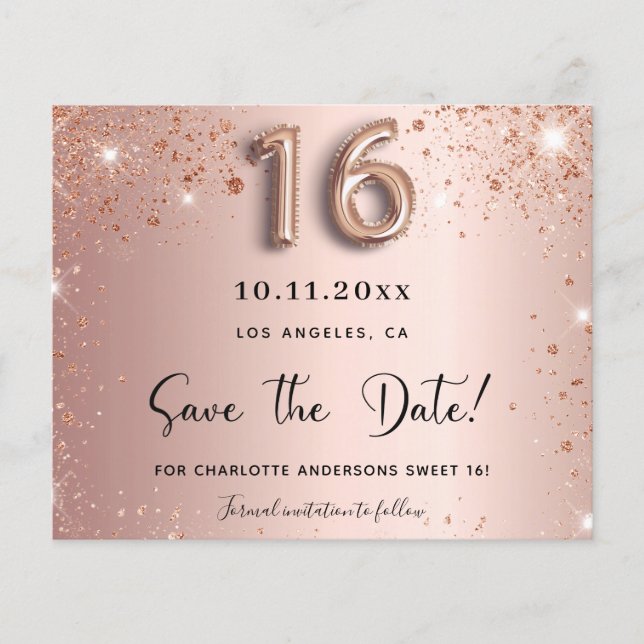 Budget sweet 16 rose gold glitter save the date (Front)