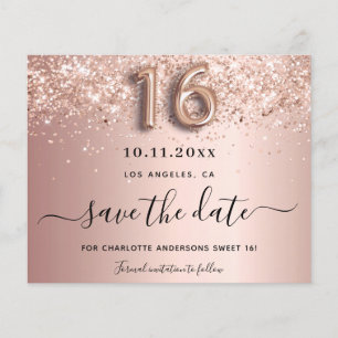 Budget Sweet 16 rose gold glitter save the date