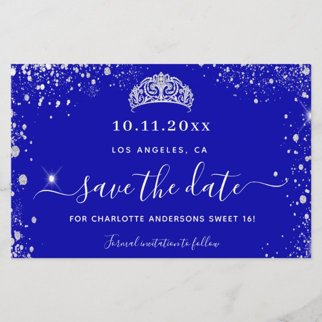 Budget Sweet 16 roya blue silver glitter save date (Front)