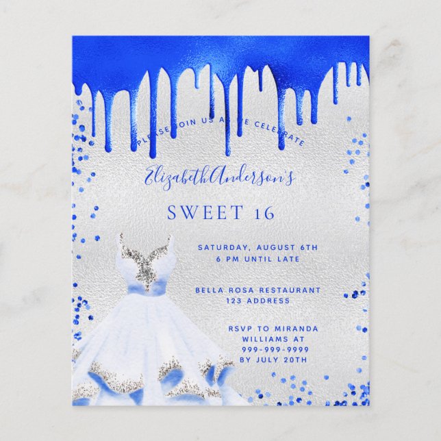 Budget Sweet 16 royal blue silver invitation (Front)