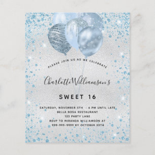 Budget Sweet 16 silver blue glitter invitation