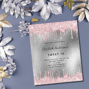 Budget Sweet 16 silver glitter pink invitation