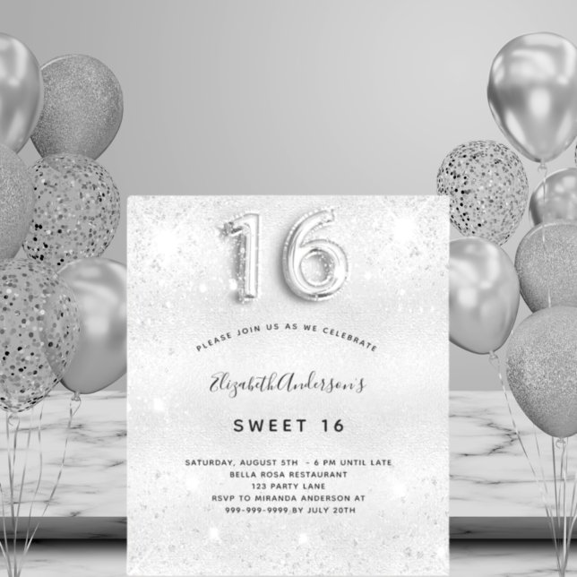 Budget Sweet 16 silver metal glitter invitation (Creator Uploaded)