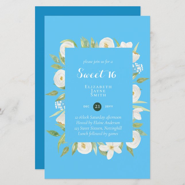 BUDGET Sweet 16, Sixteenth Birthday Floral Invite (Front/Back)