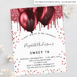 Budget Sweet 16 white red glitter invitation<br><div class="desc">For an elegant Sweet 16,  16th birthday.  A stylish white background. Decorated with red faux glitter and balloons.  Personalise and add a name,  age and party details. The name is written with a hand lettered style script</div>
