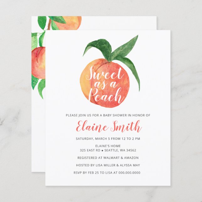 Budget Sweet as a Peach Baby Shower Invitation (Front/Back)