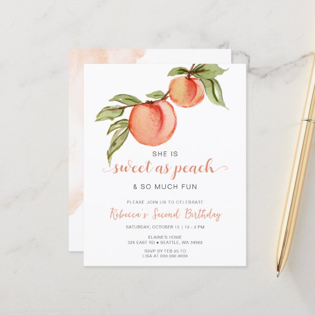 Budget Sweet as Peach Girl Birthday Invitation (Front/Back In Situ)
