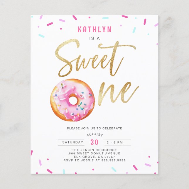 Budget Sweet One Pink Gold Doughnut Birthday Invit (Front)