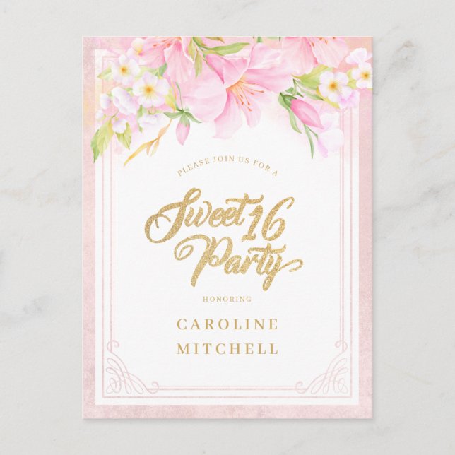 Budget Sweet Sixteen Elegant Floral Watercolor Invitation Postcard (Front)