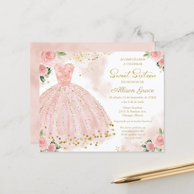 Budget Sweet Sixteen Invitation Gold Blush Gown (Front/Back In Situ)