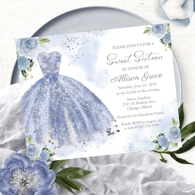 Budget Sweet Sixteen Invitation Silver Blue Gown (Creator Uploaded)