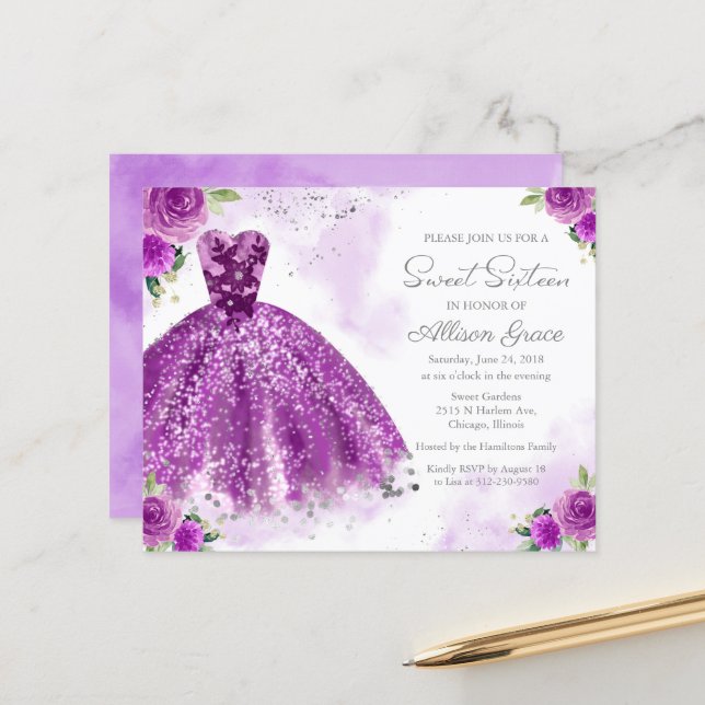 Budget Sweet Sixteen Invitation Silver Purple Gown (Front/Back In Situ)