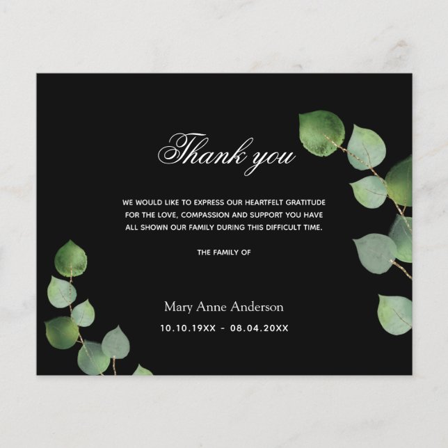 Budget Sympathy black eucalyptus thank you card (Front)