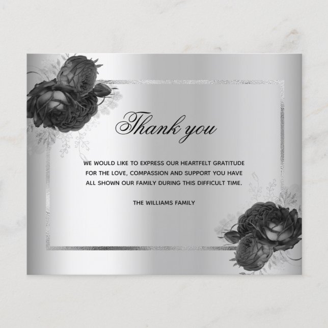 Budget sympathy silver floral photo thank you card (Front)