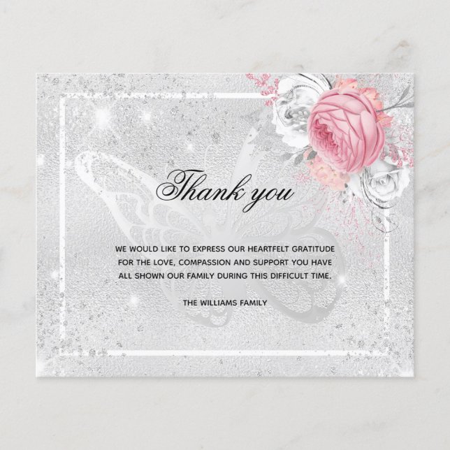 Budget Sympathy silver pink floral photo thank you (Front)