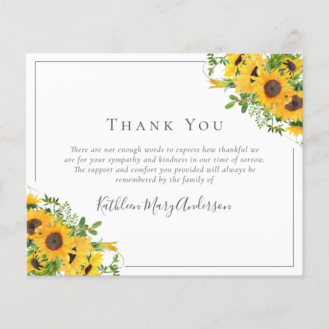 BUDGET Sympathy Sunflower Funeral Thank You Note  (Front)