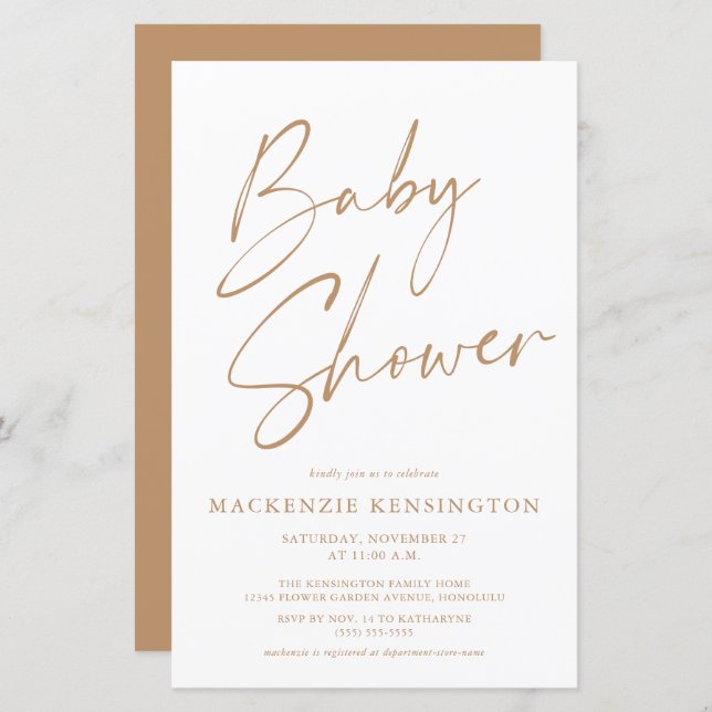 Budget Tan Earth Tones Simple Script Baby Shower (Front/Back)