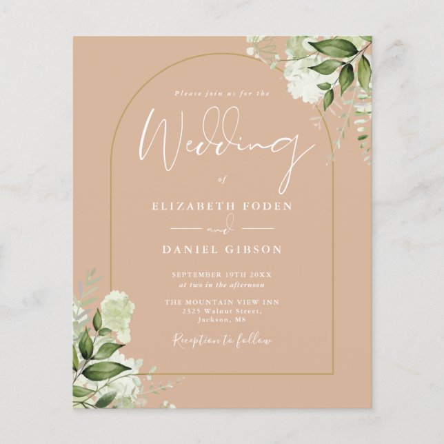 Budget Tan Floral Gold Arch Wedding Invite (Front)